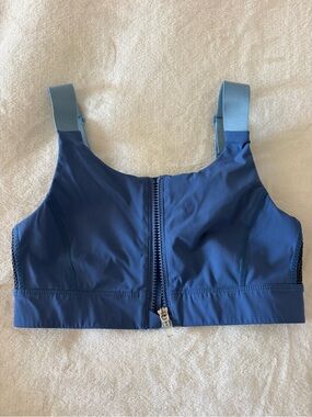 Outdoor Voices Navy Front-Zip Sports Bra with Light Blue Straps
